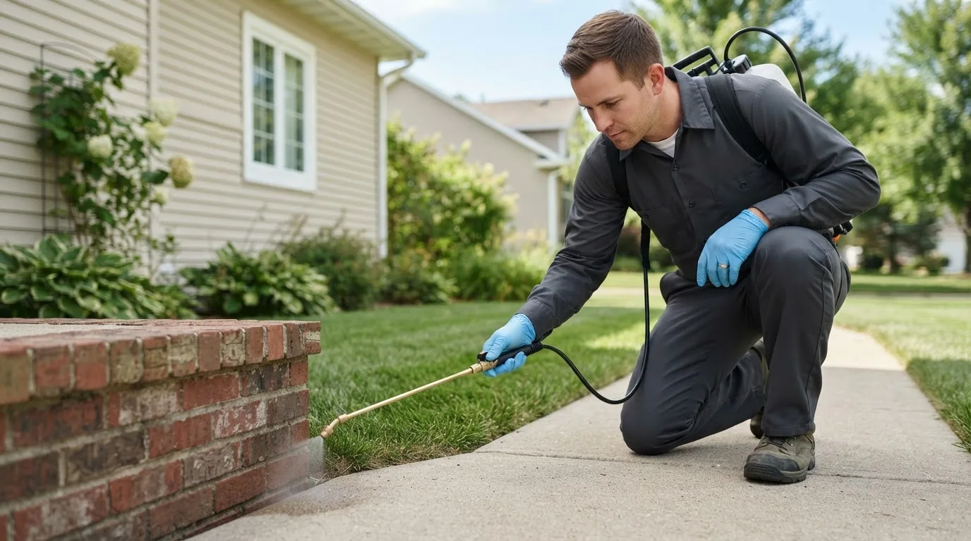 Pest control technician treating a home near Baldwin, IL