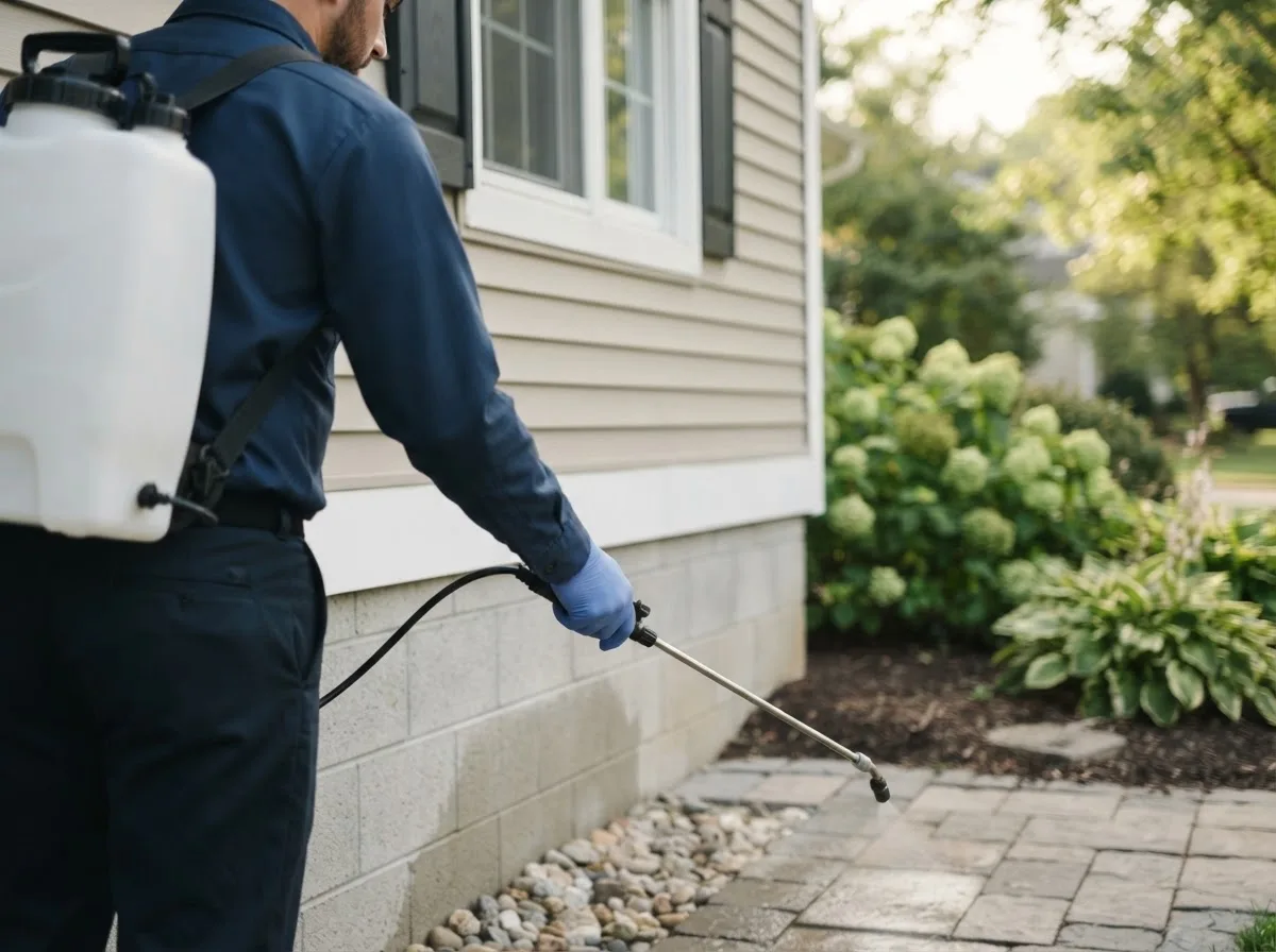 Pest control technician inspecting a home in Baldwin, IL